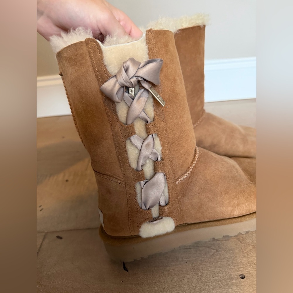 UGG Chestnut Suede Boots with Ribbon Accent